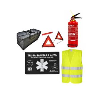 Kit siguranta auto complet trusa cutie neagra ART omologata RAR 2 triunghiuri vesta geanta stingator Runkit