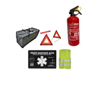 Kit siguranta auto complet trusa cutie neagra ART omologata RAR 2 triunghiuri vesta geanta stingator fara manometru