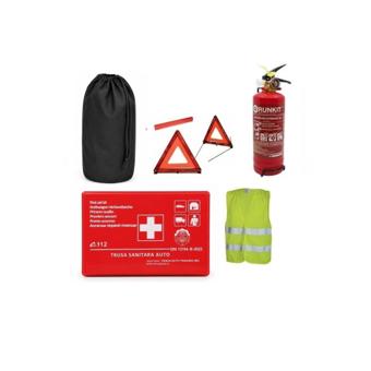 Kit siguranta auto complet trusa cutie rosie 2 triunghiuri vesta saculet stingator cu manometru Runkit