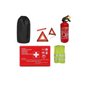 Kit siguranta auto complet trusa cutie rosie 2 triunghiuri vesta saculet stingator fara manometru
