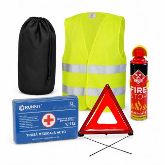 Kit siguranta auto complet trusa 2 triunghiuri vesta saculet stingator spray
