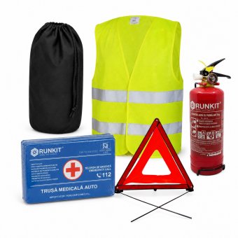 Kit siguranta auto complet trusa cutie rosie 2 triunghiuri vesta saculet stingator cu manometru