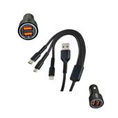 Incarcator auto 4.8A 25W cu 2 porturi USB fast si cablu 3 in 1 MicroUSB Lightning Type C compatibil 12V 24V Cod: PG-283